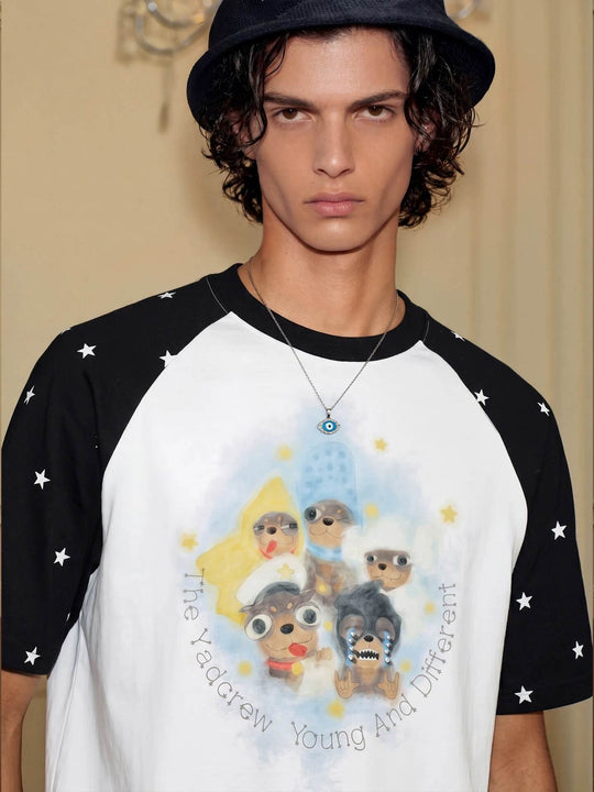 YADcrew Cartoon Dog Print Star Raglan Color Block Tee | Face 3 Face