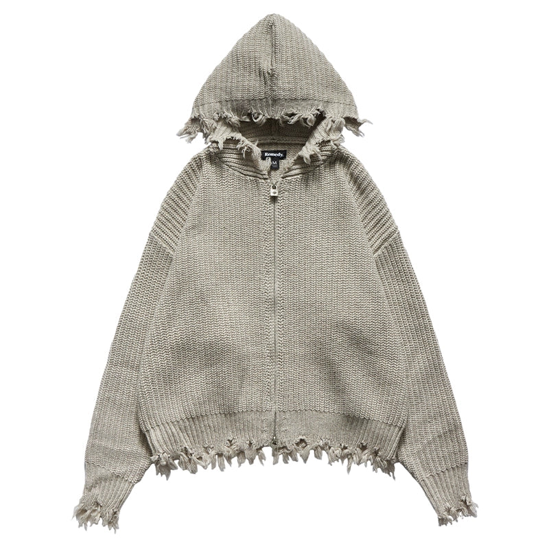 Remedy Distressed Hooded Zipper Knit Cardigan | Face 3 Face