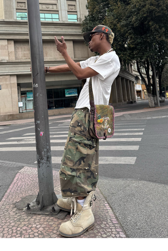 STEEPC M-65 Pearl Embellished Camouflage Baggy Cargo Shorts | Face 3 Face