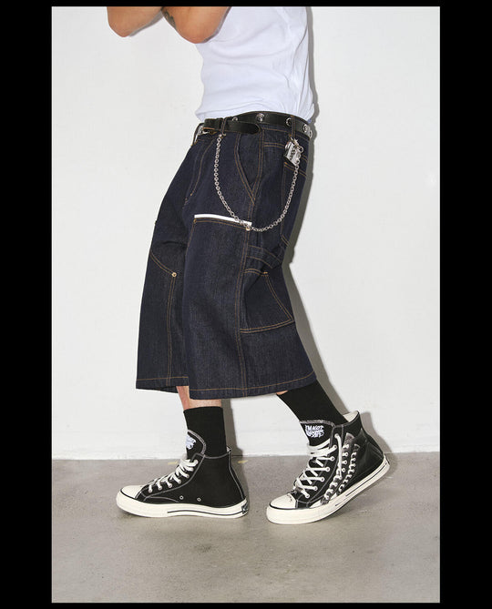 NOVACAM White Accent Line Double Knee Baggy Denim Shorts | Face 3 Face
