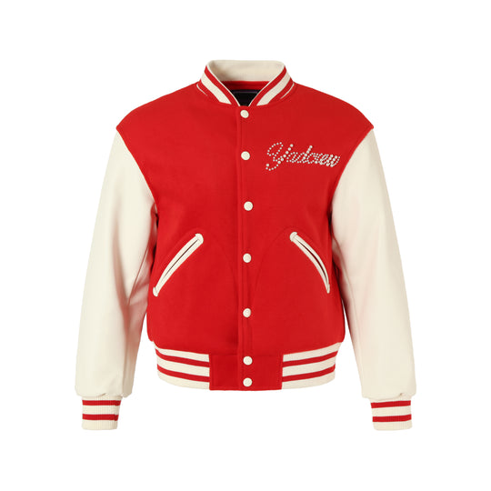YADcrew Pearl Text Typography Baseball Jacket
