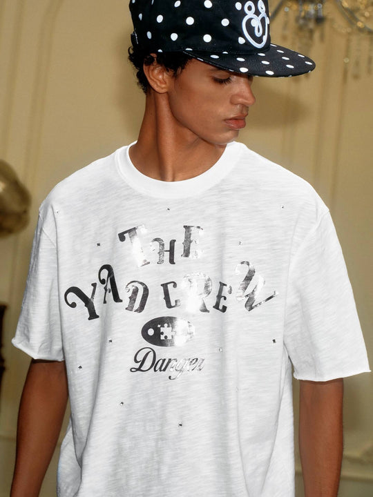 YADcrew Silver Logo Print All Over Rhinestone Tee | Face 3 Face