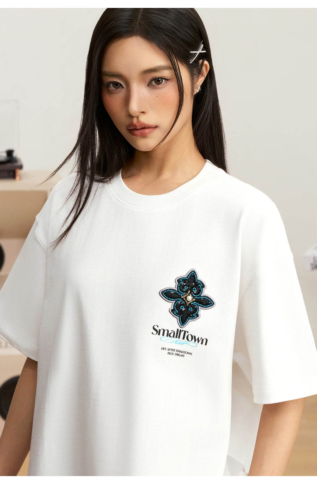Small Town Kid Cross Pearl Sequin Beaded Embroidery Tee | Face 3 Face