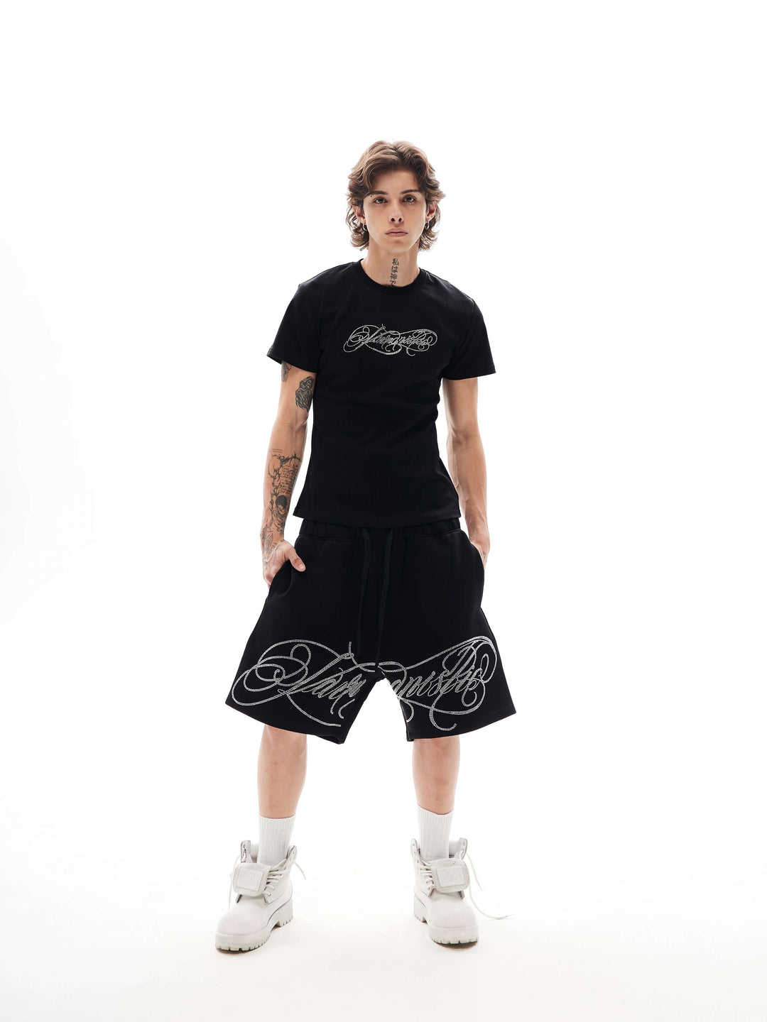 KARMANISTIC Rhinestone Letter Sweat Shorts | Face 3 Face