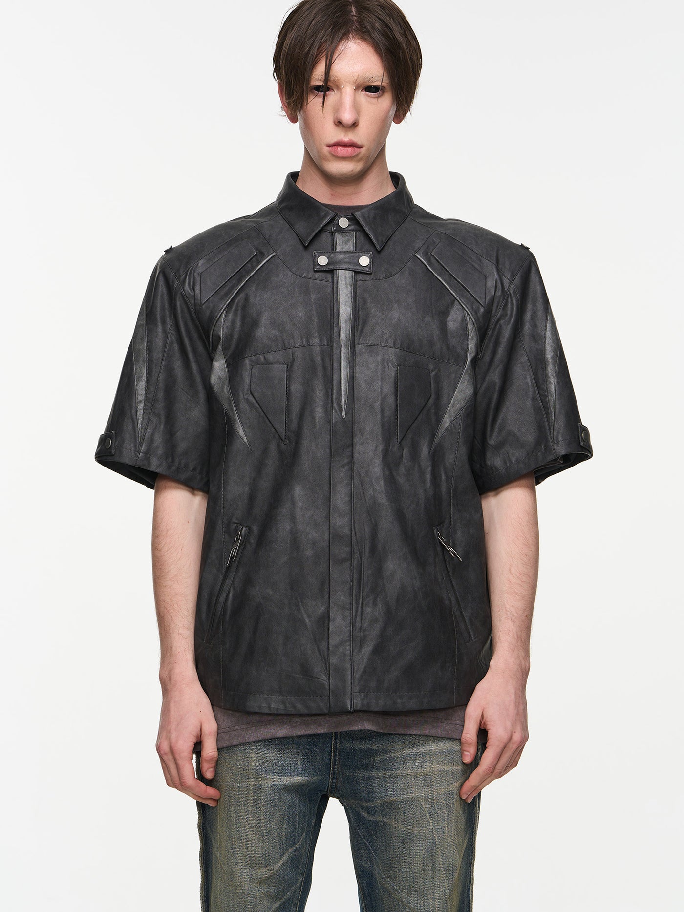 BLIND NO PLAN Patchwork Leather Biker Short Sleeve Shirt | Face 3 Face