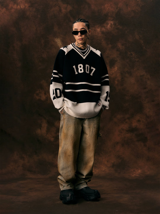 1807 Black & White Striped Hockey Jersey Knit Sweater  | Face 3 Face