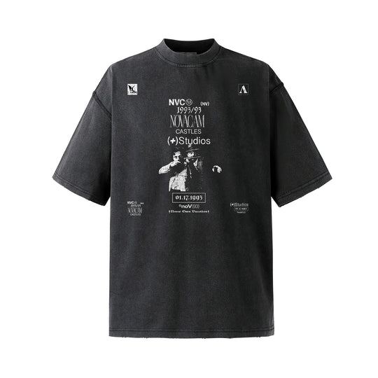 NOVACAM Vintage Washed Crackle Print Reverse Stitching Tee | Face 3 Face