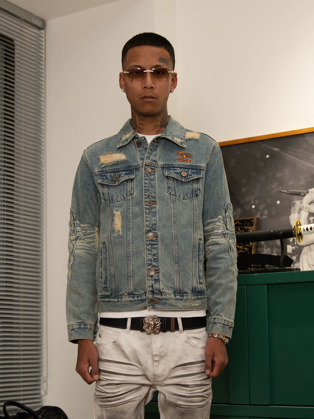 TGFCLUB Washed Hole Patch Embroidered Denim Jacket | Face 3 Face