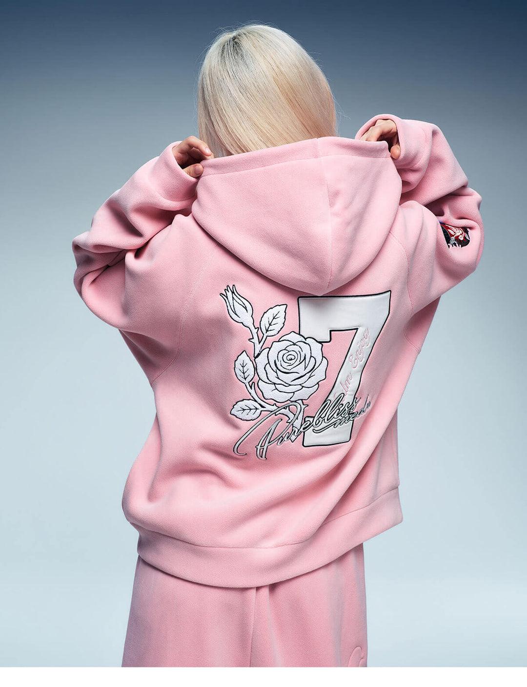 MEDM Rose Embroidered Patch Zip Up Fleece Hoodie | Face 3 Face