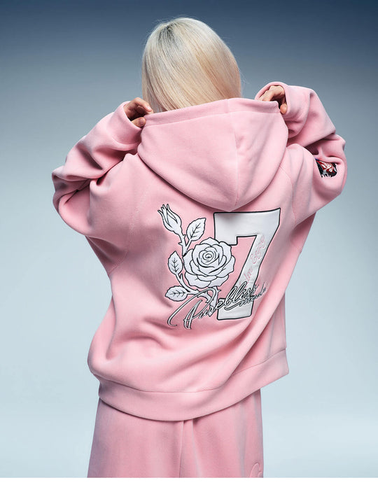 MEDM Rose Embroidered Patch Zip Up Fleece Hoodie | Face 3 Face