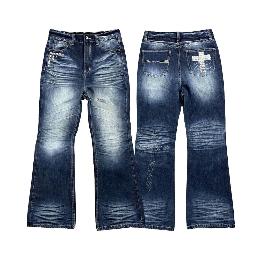 Night Lab Rock Studded Whisker Washed Flared Jeans | Face 3 Face