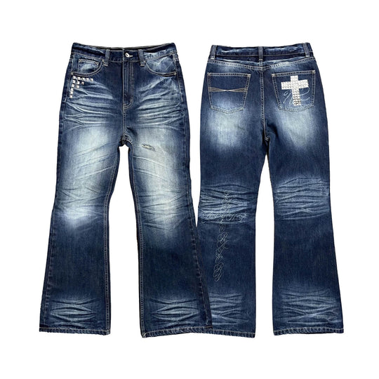 Night Lab Rock Studded Whisker Washed Flared Jeans | Face 3 Face