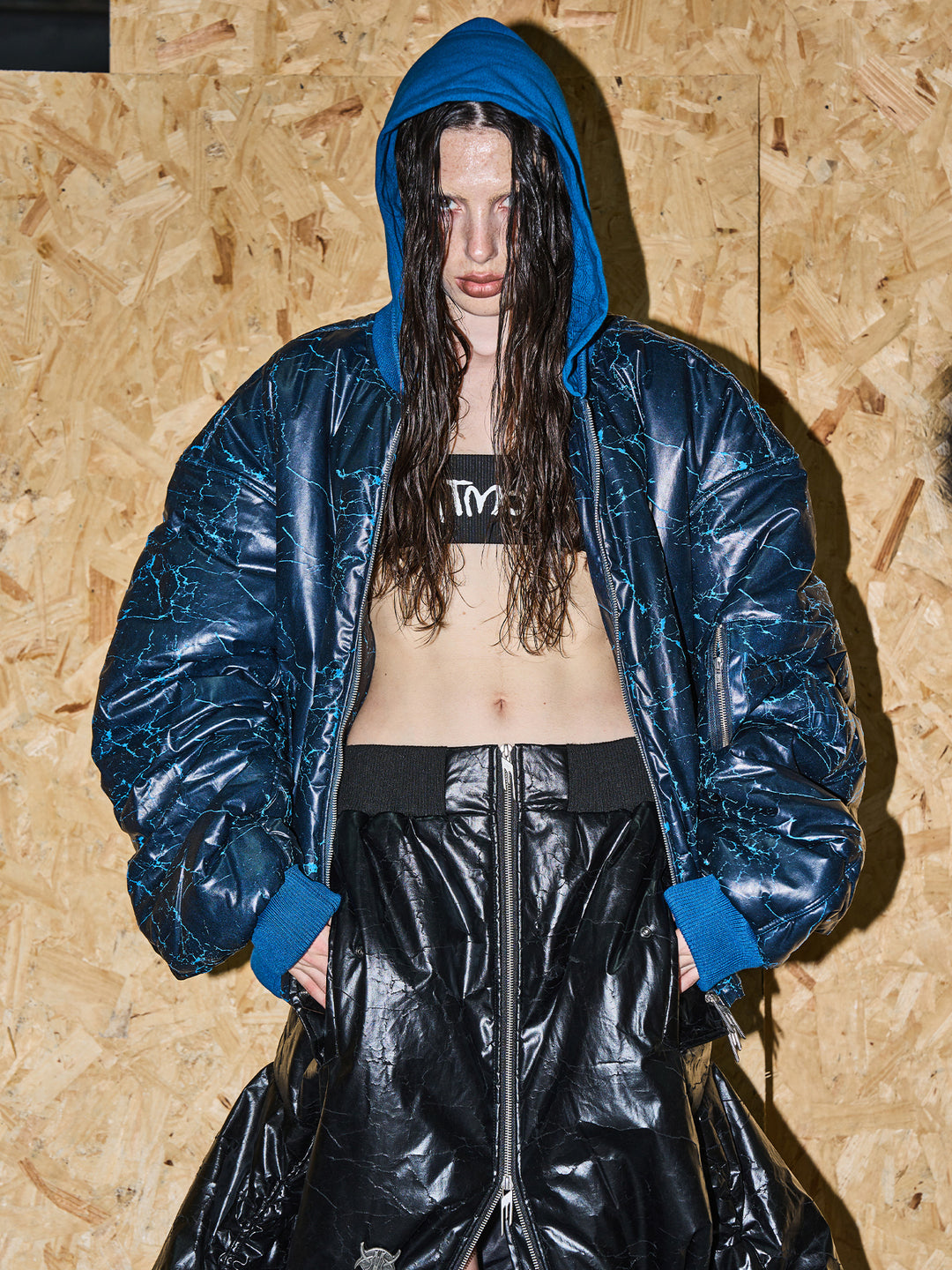 BLIND NO PLAN Crackle-Textured Hooded Bomber Jacket | Face 3 Face