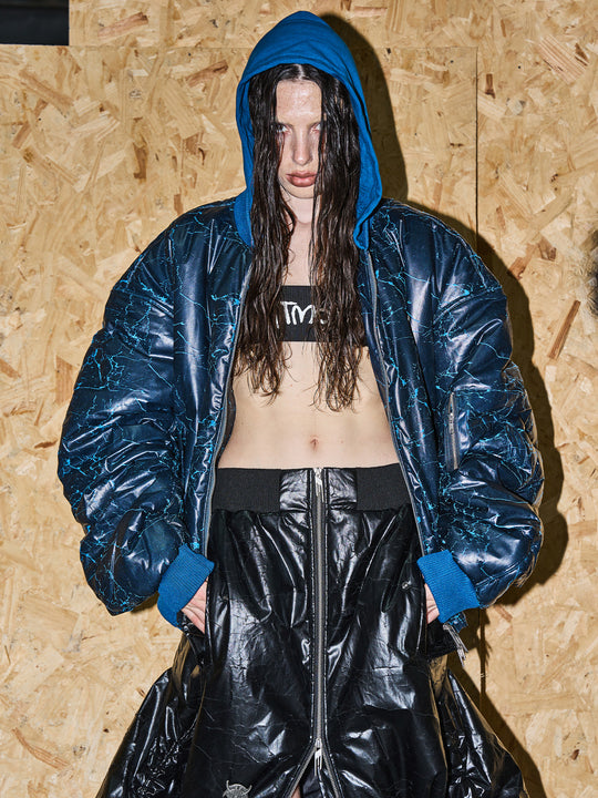 BLIND NO PLAN Crackle-Textured Hooded Bomber Jacket | Face 3 Face