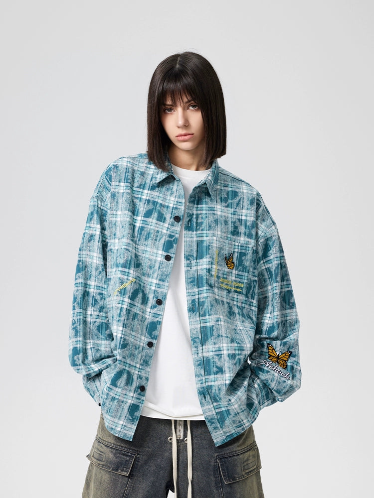 Achock Washed Plaid Butterfly Embroidery Long Sleeved Shirt | Face 3 Face