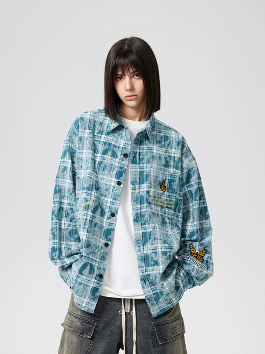 Achock Washed Plaid Butterfly Embroidery Long Sleeved Shirt | Face 3 Face