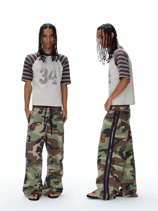 EXITMODE BY BLIND NO PLAN Double Waist Camo Wash Stripe Baggy Pants | Face 3 Face