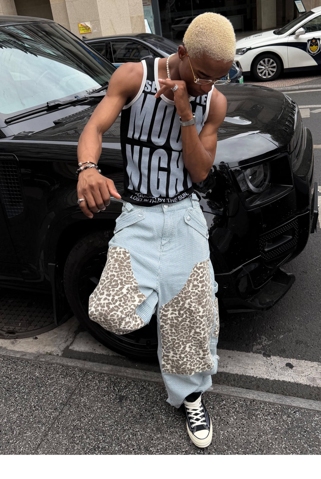 STEEPC Leopard Print Double Knee Hickory Stripe Baggy Pants | Face 3 Face