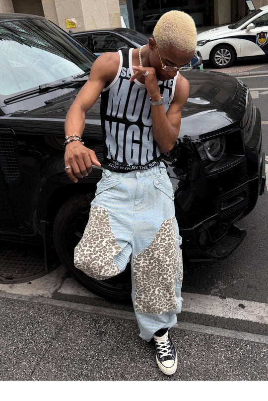 STEEPC Leopard Print Double Knee Hickory Stripe Baggy Pants | Face 3 Face