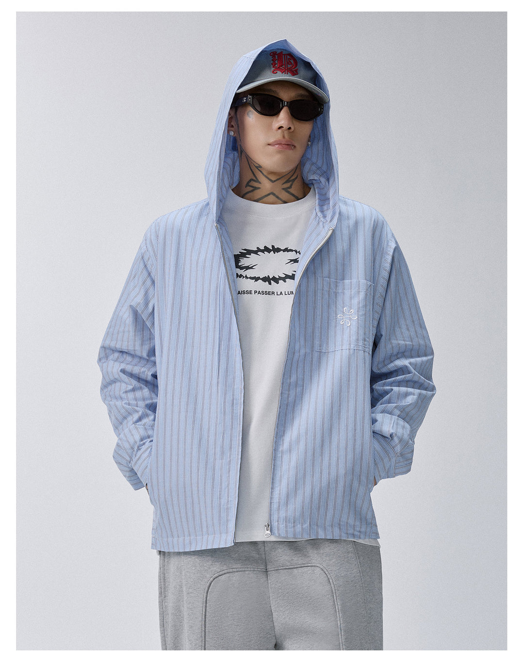 F2CE Striped Zip Up Hooded Shirt Jacket | Face 3 Face