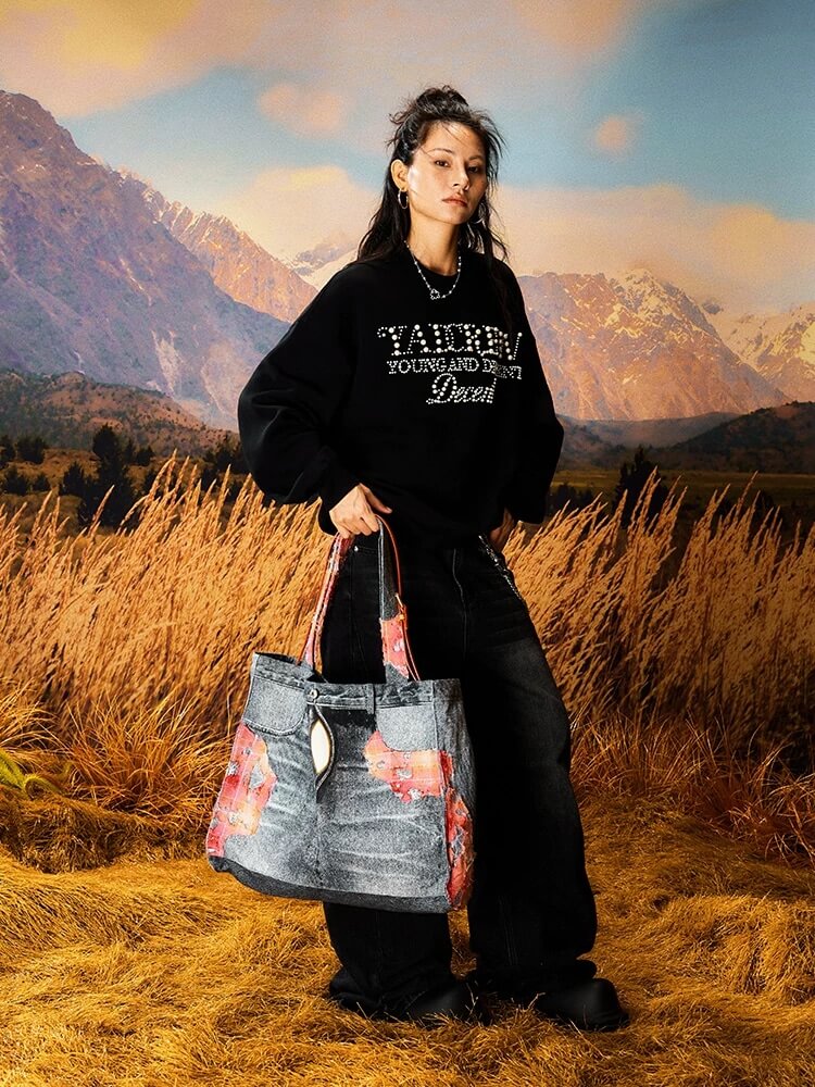 YADcrew Evening Lace Patchwork 3D Print Denim Tote Bag | Face 3 Face