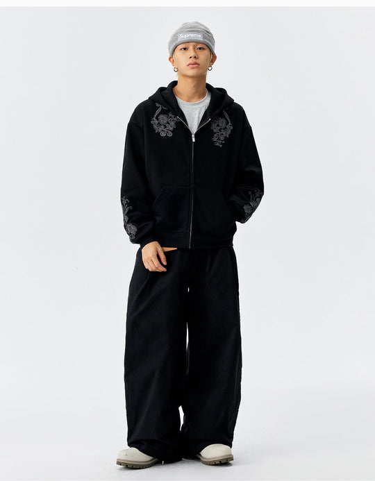 MEDM Patterned Flower Embroidered Zip Up Hoodie | Face 3 Face