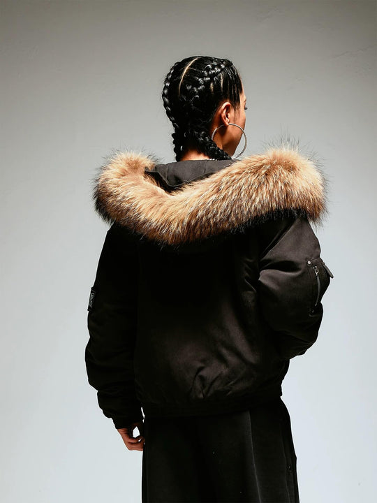 1807 Faux Fur Hood Trim Bomber Jacket | Face 3 Face