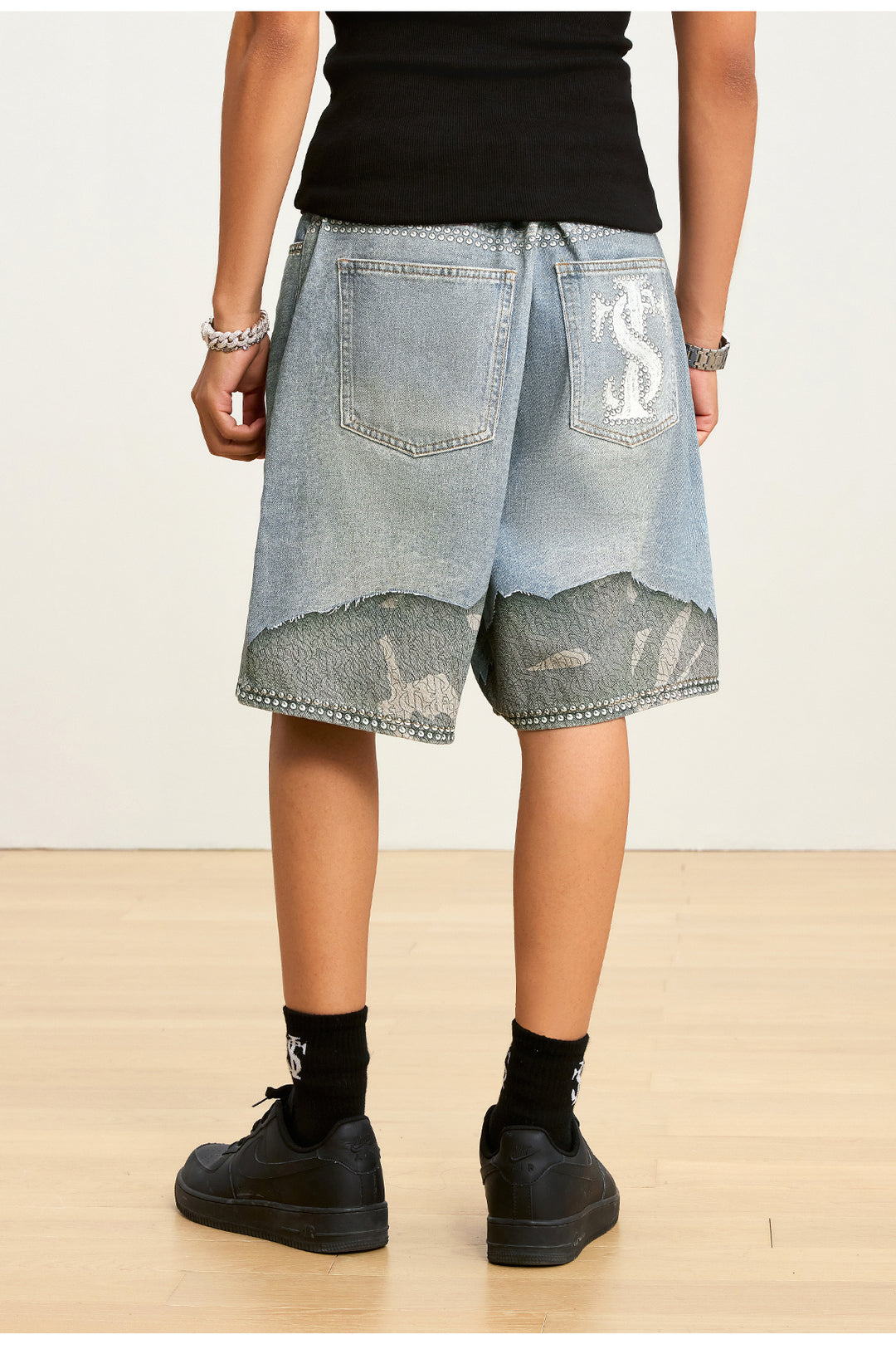 Small Town Kid Rhinestone Destroyed Print Denim Shorts | Face 3 Face
