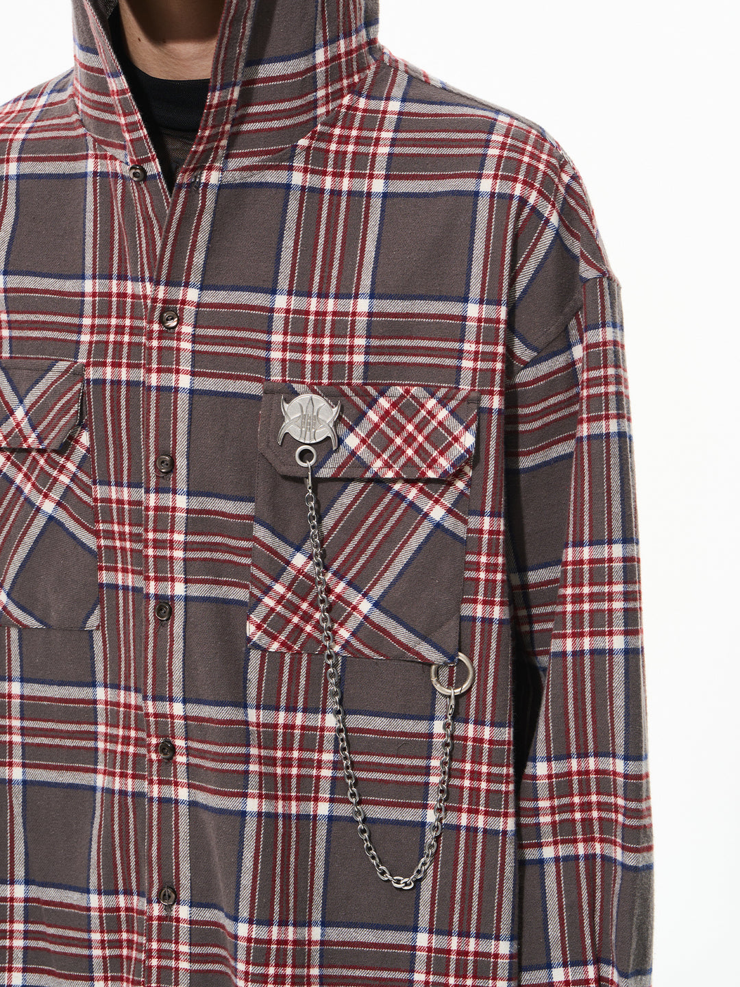 BLIND NO PLAN Metal Chain Hooded Plaid Long Sleeve Shirt | Face 3 Face
