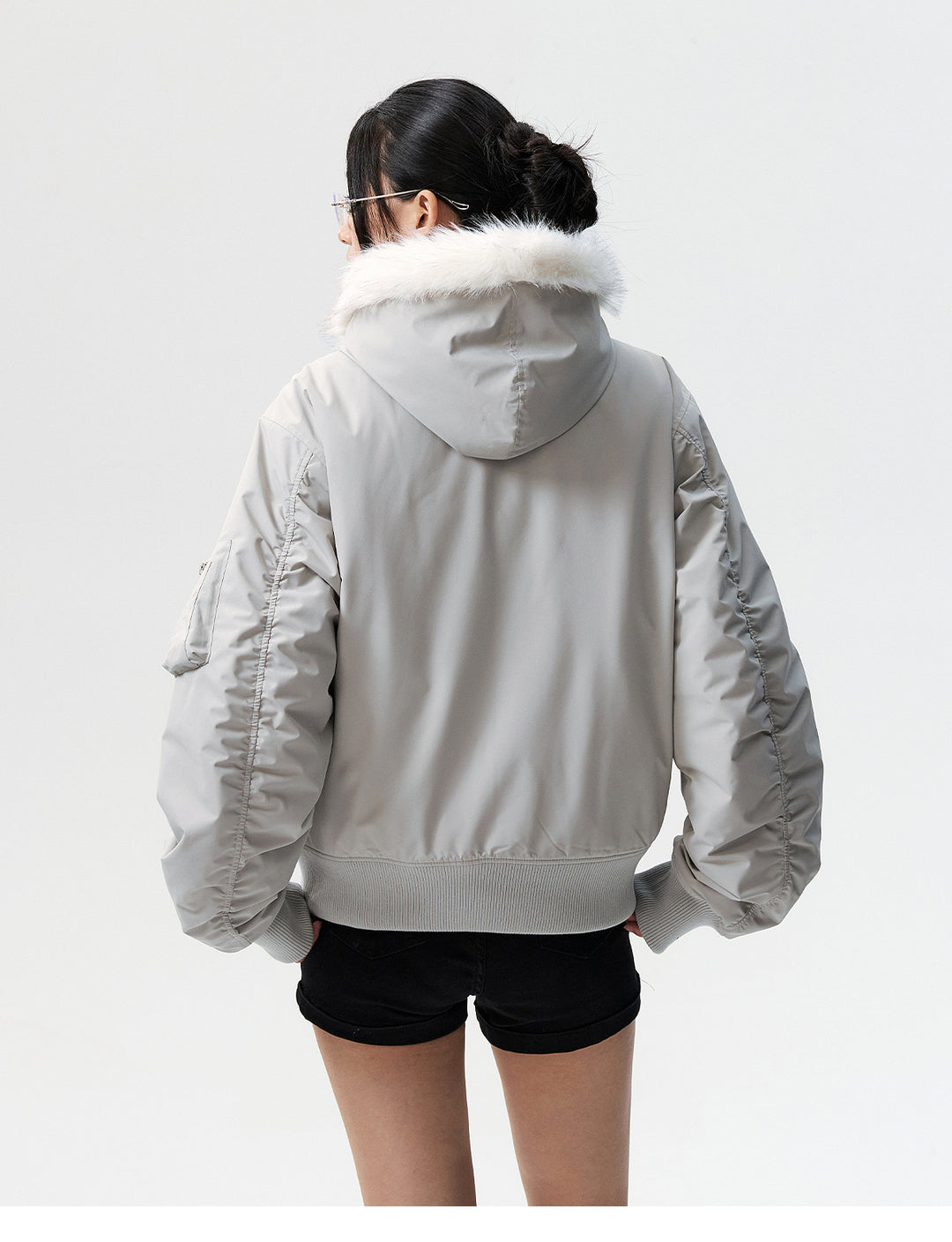 MEDM Animal Logo Patch Fur Hooded Bomber Jacket | Face 3 Face