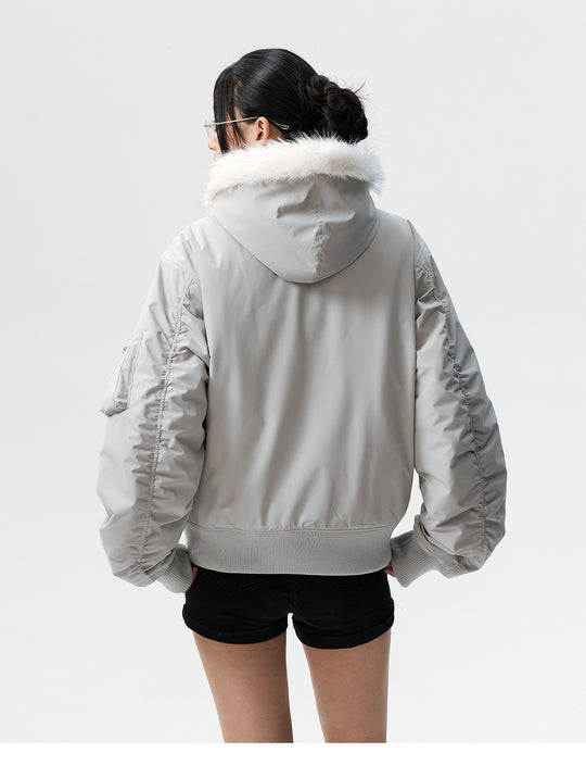 MEDM Animal Logo Patch Fur Hooded Bomber Jacket | Face 3 Face