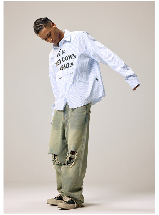 Remedy Letter Print Striped Long Sleeve Shirt | Face 3 Face