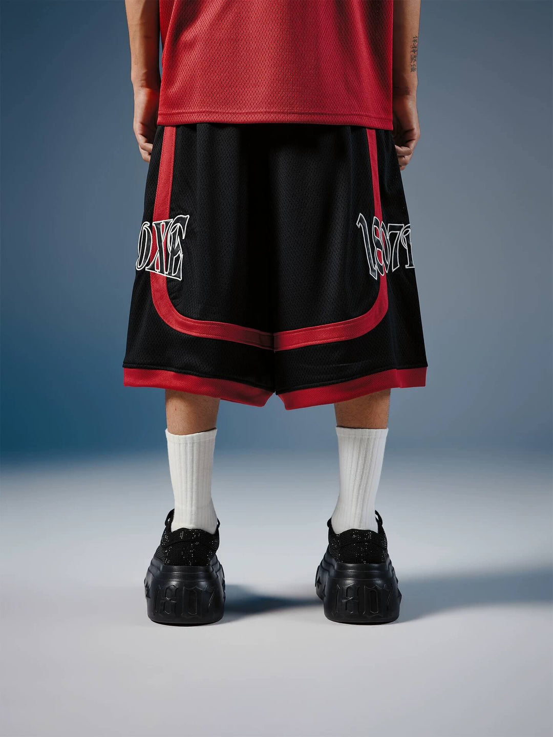 1807 Color Block Patchwork Leather Logo Patch Mesh Shorts | Face 3 Face