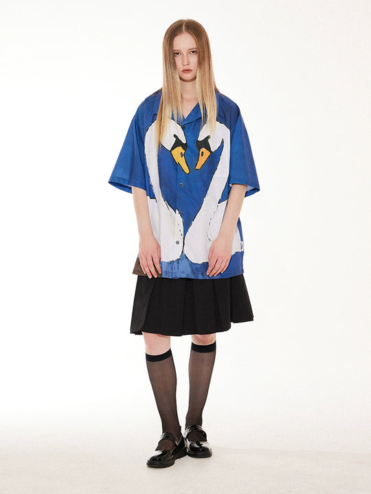 EMPTY REFERENCE Hand Painted Swan Print Short Sleeve Shirt | Face 3 Face