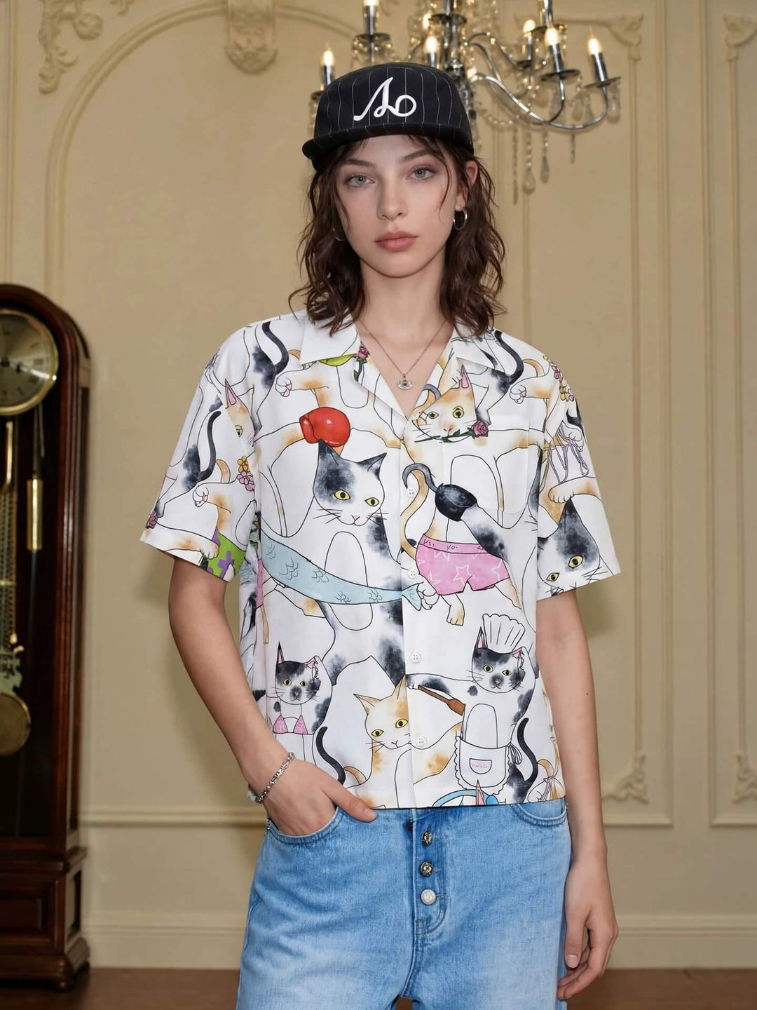YADcrew All Over Cat Print Short Sleeve Shirt | Face 3 Face