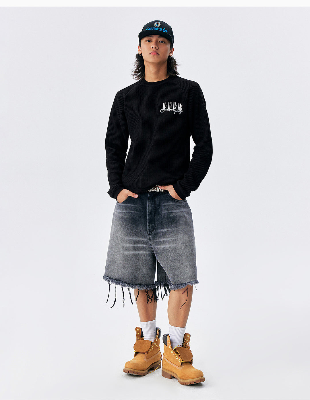 MEDM Logo Embroidered Print Waffle Long Sleeve Tee | Face 3 Face