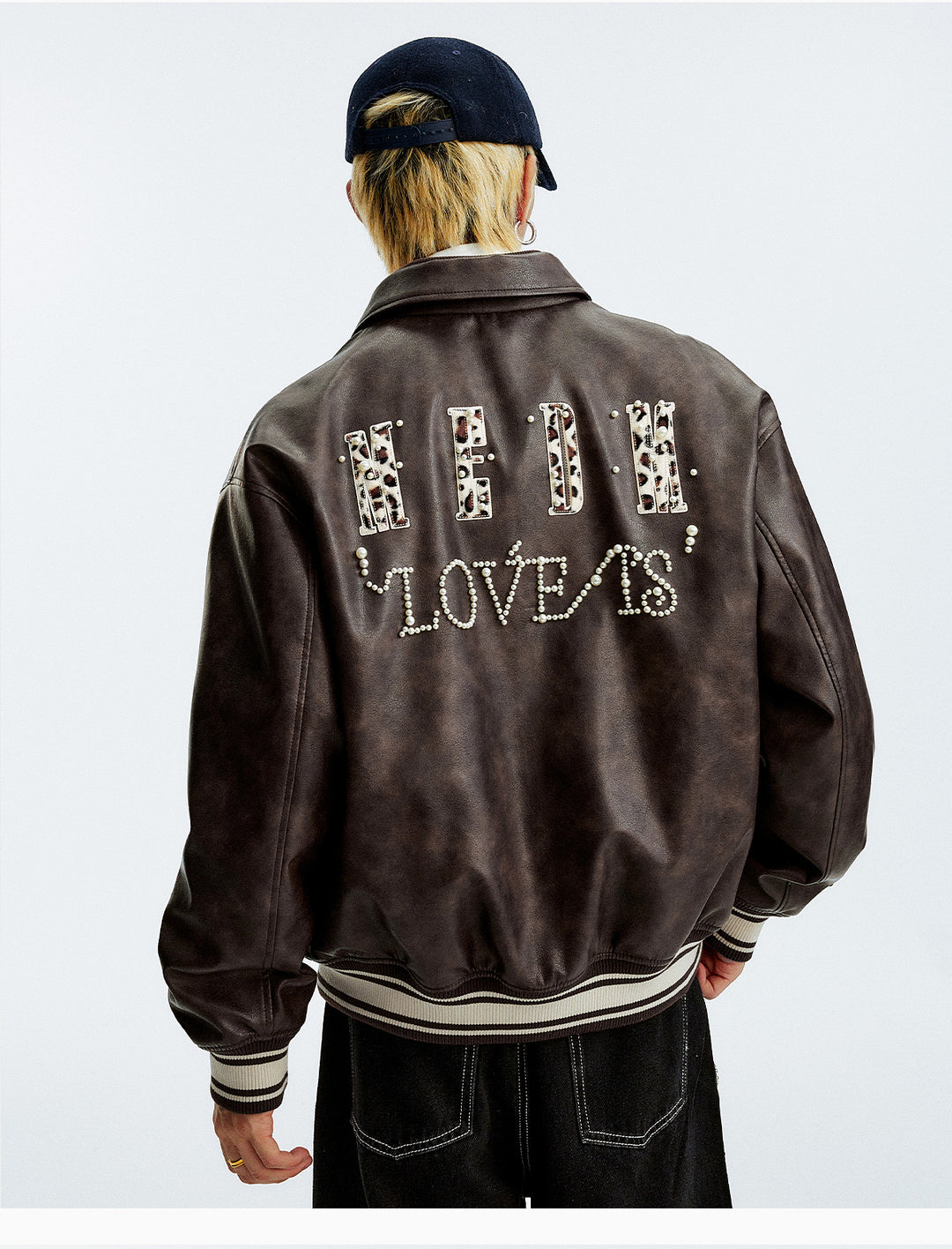 MEDM Leopard Patch Pearl PU Leather Varsity Jacket | Face 3 Face