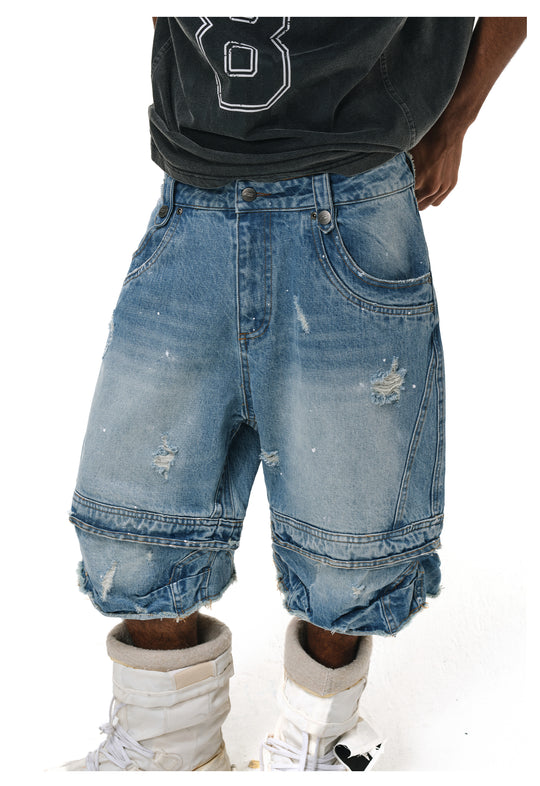 ANTIDOTE Destroyed Double-Layer Washed Denim Shorts | Face 3 Face