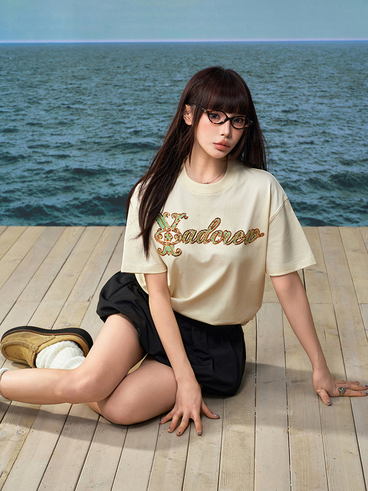 YADcrew Sequin and Bead Logo Embroidery Tee | Face 3 Face
