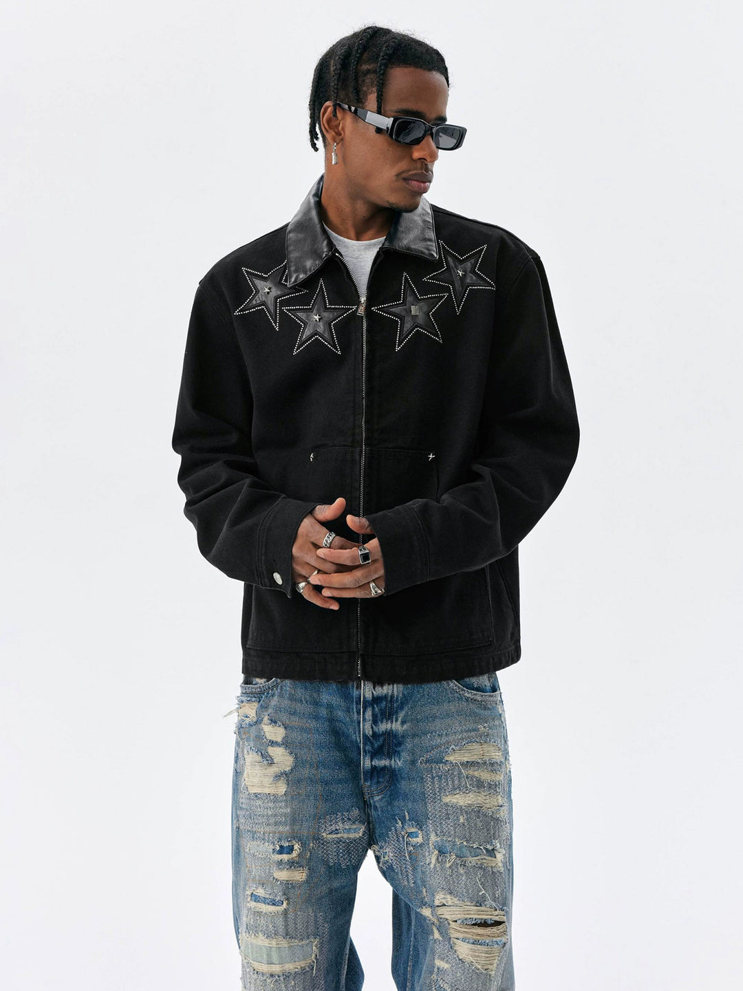 MEDM Star Studded Leather Patch Detroit Jacket | Face 3 Face