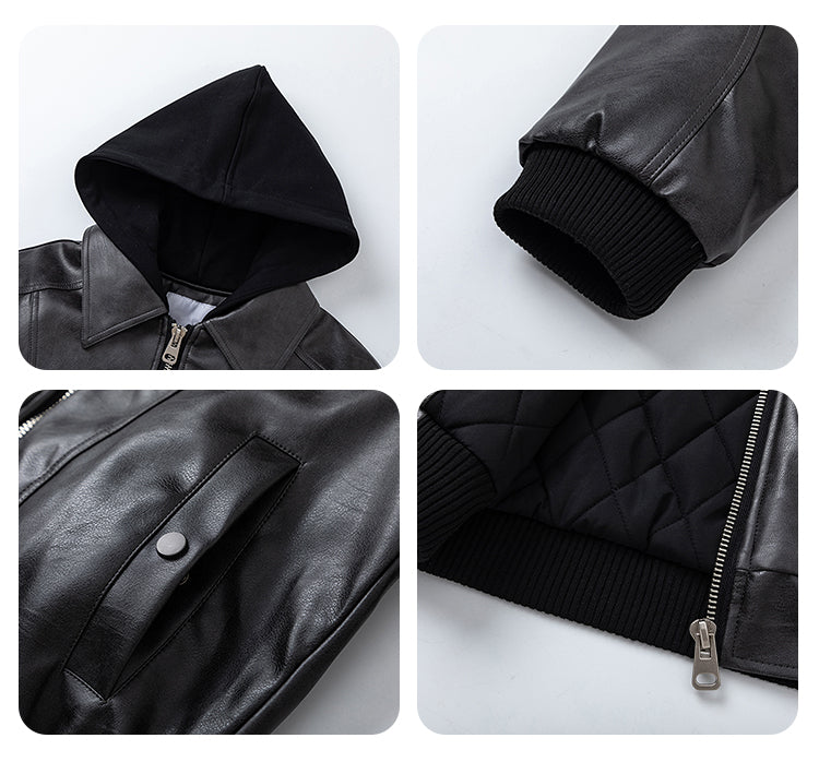 F3F Select PU Leather Hooded Fake Two Piece Jacket | Face 3 Face