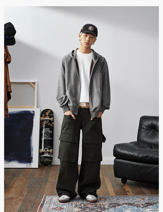 MEDM Suede Logo Patch Zip-Up Hoodie | Face 3 Face