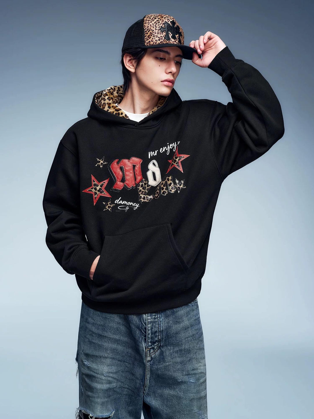 MEDM Leopard Hood Lining Star Logo Patch Hoodie | Face 3 Face
