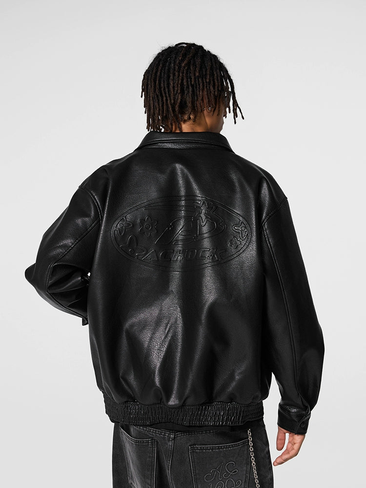 Achock Steel Embossed Logo Leather Jacket | Face 3 Face