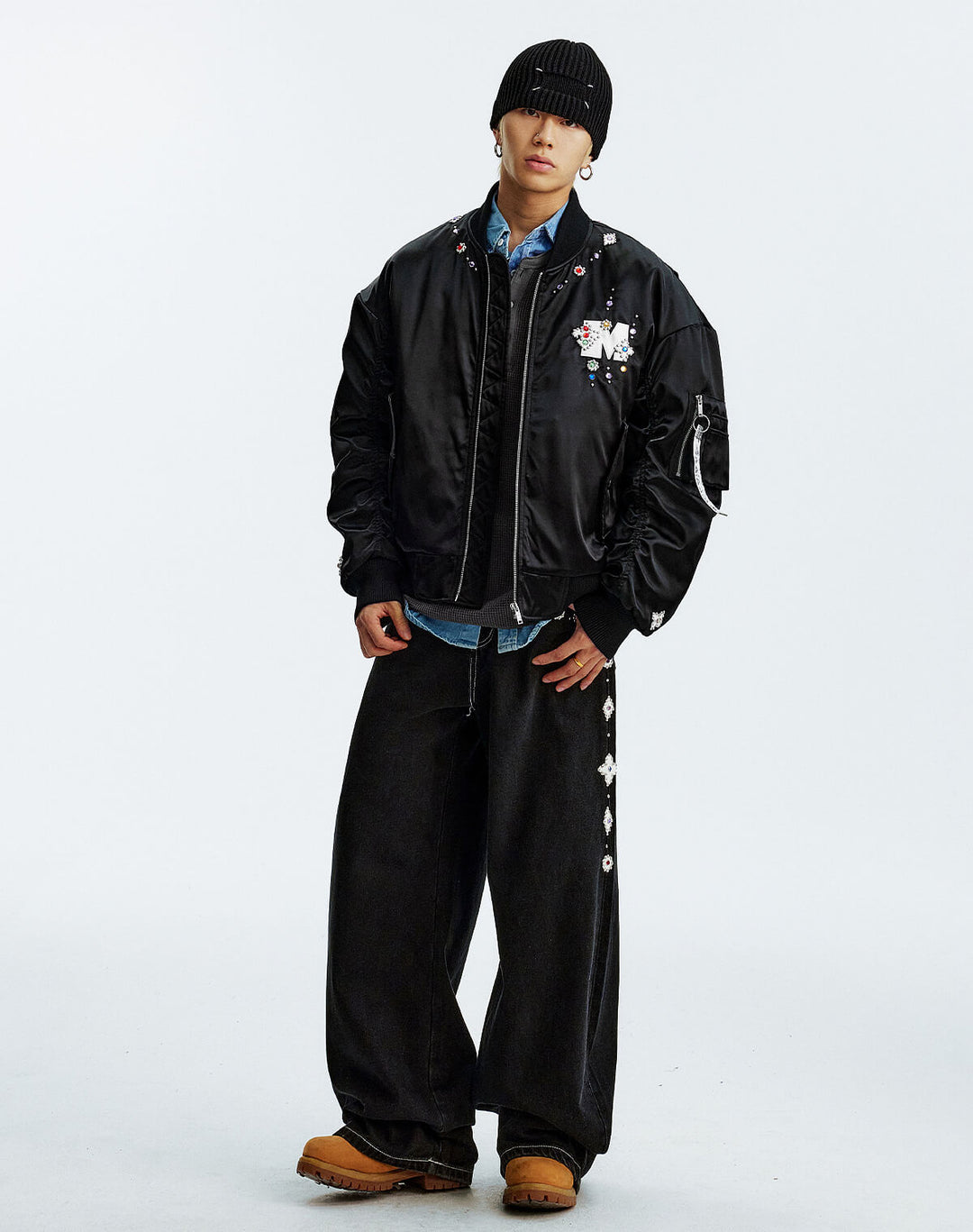 MEDM Gemstone Studded Leather Patch MA-1 Bomber Jacket | Face 3 Face