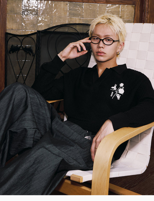 MEDM Rose Embroidered Textured Stripe Knit Long Sleeve Polo | Face 3 Face