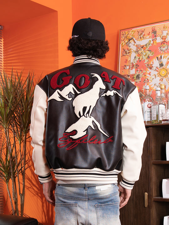 TGFCLUB Goat Embroidered PU Leather Varsity Jacket | Face 3 Face