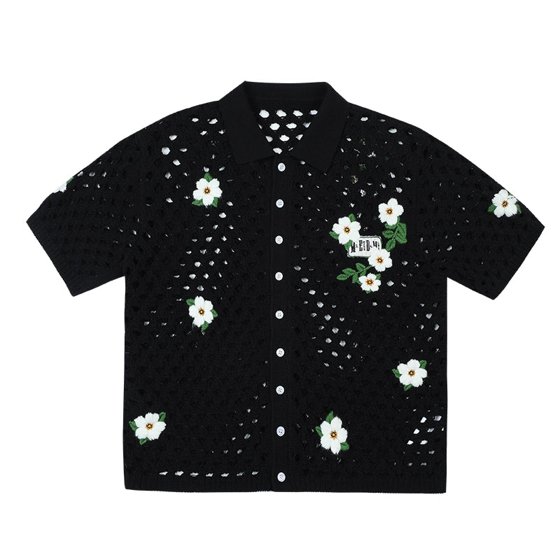 MEDM Flower Embroidery Open Knit Short Sleeve Shirt | Face 3 Face