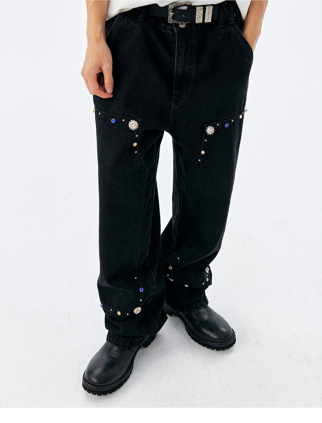 MEDM Gemstone Studded Double Knee Washed Jeans | Face 3 Face