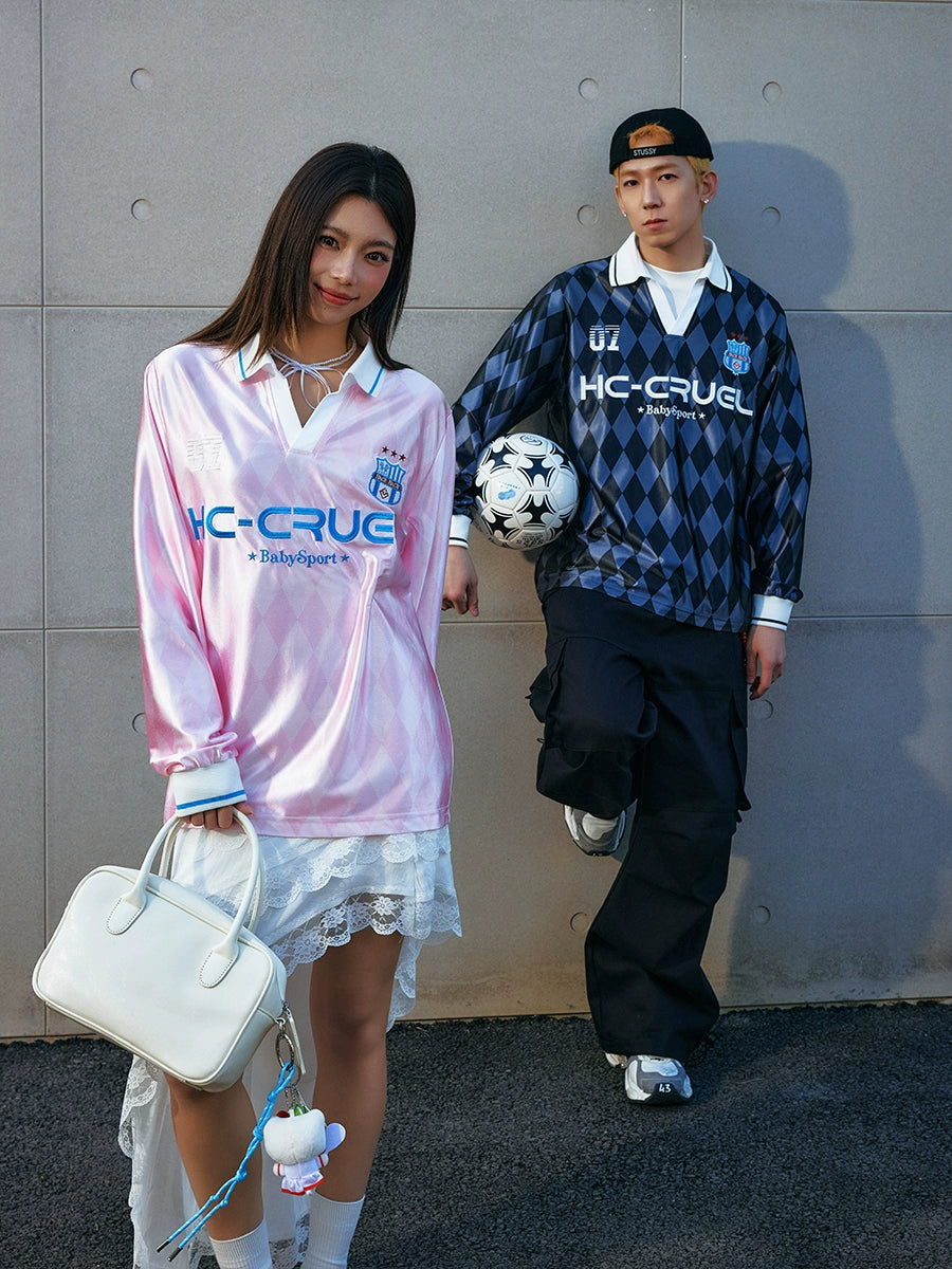 Harsh and Cruel Badge Embroidered Plaid Long Sleeve Polo Jersey | Face 3 Face